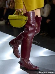 Claret Metal Decoration Over The Knee Boots Women Round Toe Chunky Heel Slip On Long Boots 2025 Spring New Fashion Designer Boot