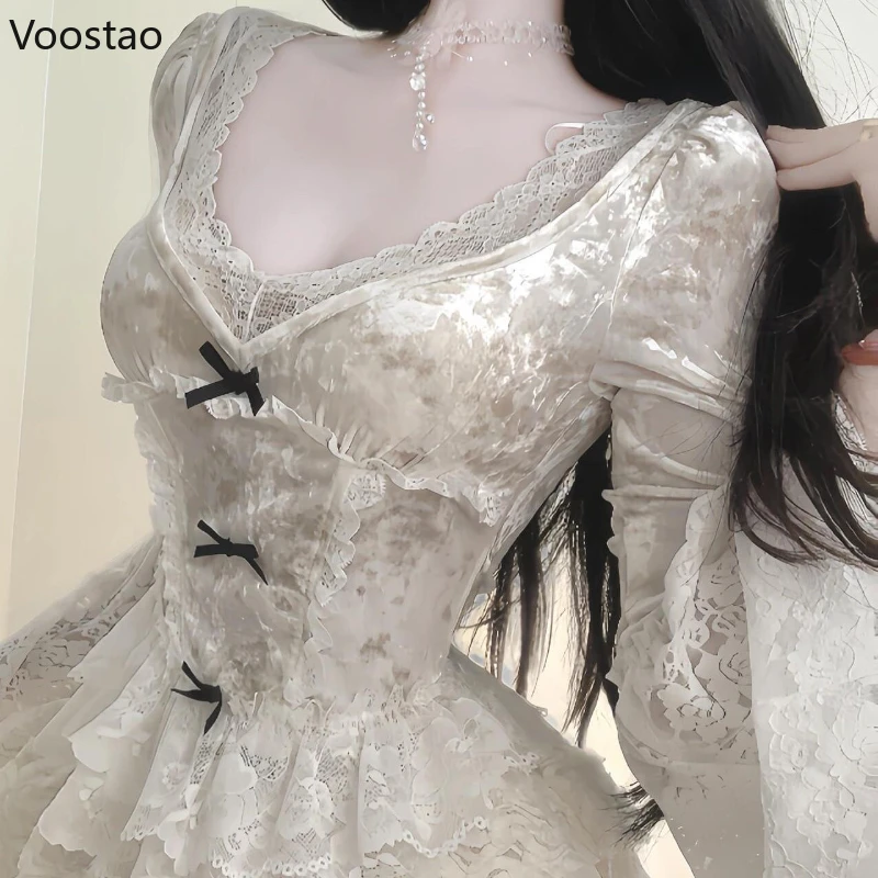 أنيقة النمط الفرنسي 2 قطعة مجموعة المرأة الحلو القوس الدانتيل كم طويل بلايز كعكة صغيرة التنانير الدعاوى الإناث 2025 مثير موضة وتتسابق