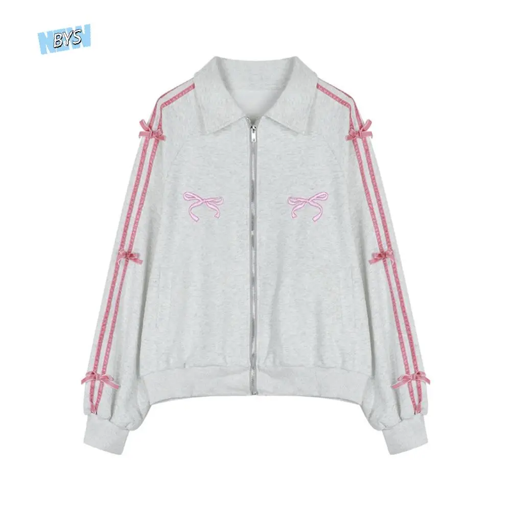 

Воротник с лацканами и длинными рукавами с капюшоном Y2k, милая свободная куртка с вышитым бантом, корейская одежда Ins, толстовки для женщин, весна-осень