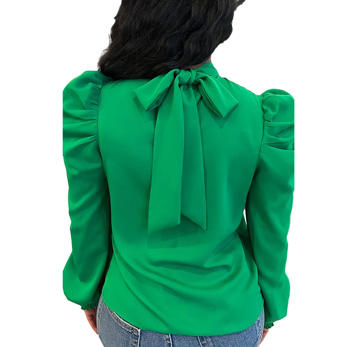 2025 New Green Shirts Blouses Women Solid Color Long Sleeve Stand Collar Bubble Sleeve Back Lace Up Top