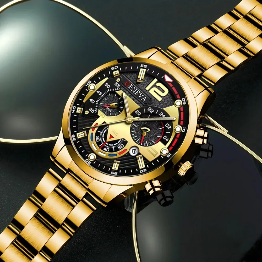 4 stuks luxe heren zakelijk quartz horloge goudlegering Romeins met kalender polshorloge kruis ketting armband ring set herencadeau