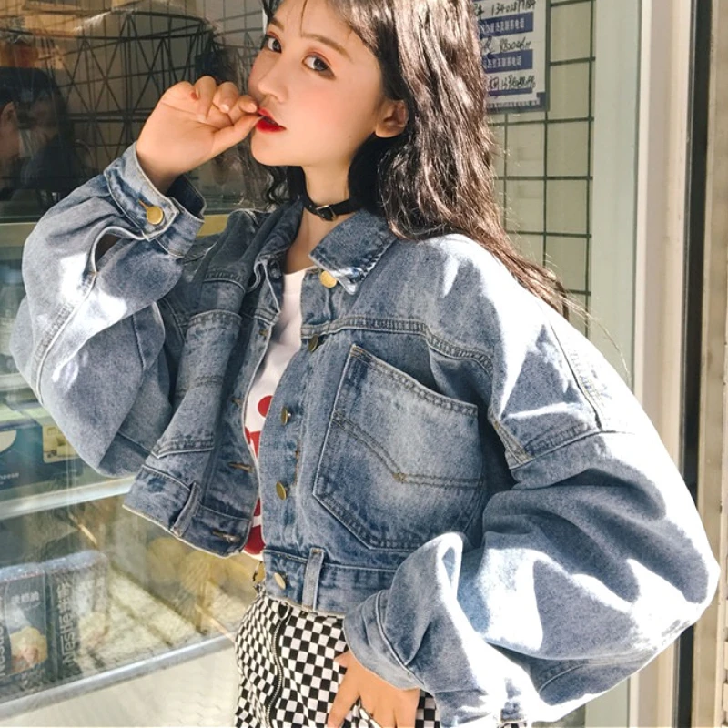 

Denim Coats Women Short Coat Bat Sleeve Casual Loose Work Turn Down Collar Work Y2k Streetwear Jackets Elegant Splice Jacket