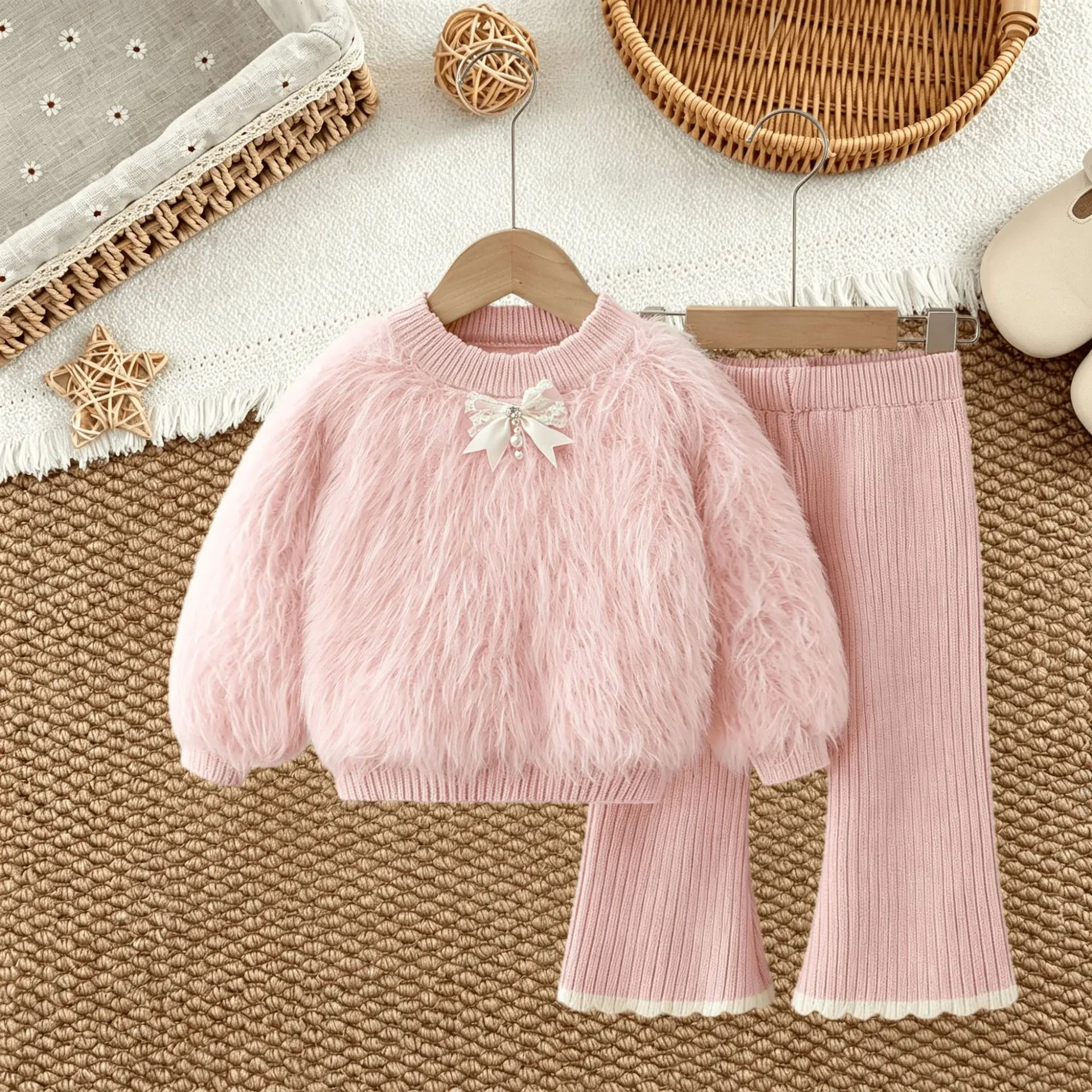 Girls Knitted Clothes Sets Autumn Winter Children's Fur Coats Pants 2pcs Woolen Jersey Sweaters Suit For Baby Outfits Kids 5 6Y