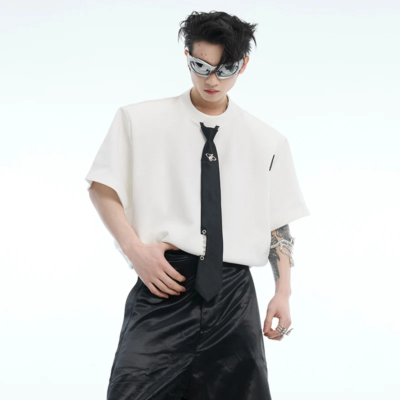 LUZHEN 2025 New Original Niche Design Short Sleeve T-shirts Men Stylish Necktie Decorate Loose Casual Tops Street Clothes LZ9506