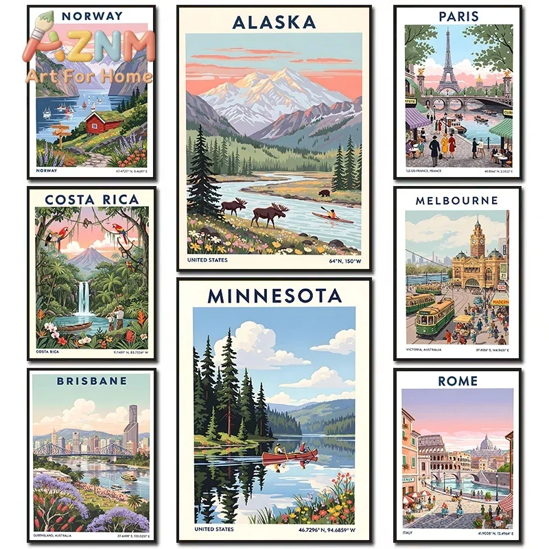 Retro Travel City Paris Alaska Costa Rica Wilderness National Park Landscape Poster Canvas Painting Wall Pictures Home Decor