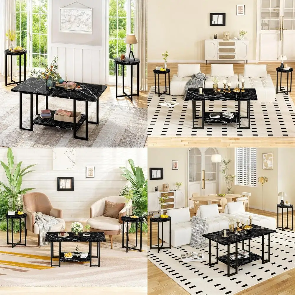 

3-Piece Living Room Table Set, Faux Marble Coffee Table with 2 Side Tables, Metal Frame Accent