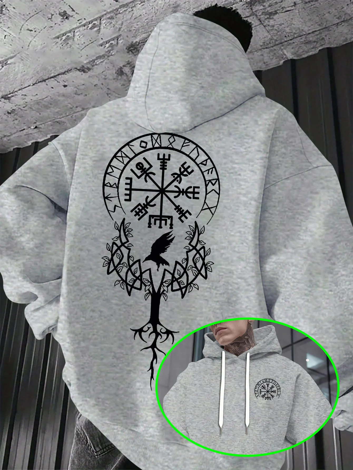 Men Compass Back Print Graphic Hoodie Loose Fit Cotton Hooded Sweatshirt Autumn Winter Norse Streetwear Men Clothing