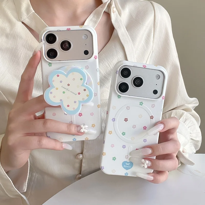 

Korean Little Color Flower Magnetic Phone Case For iPhone 17 Pro Max 16 Pro 15 Pro Max Hard Protective Cover with Stand For Mags