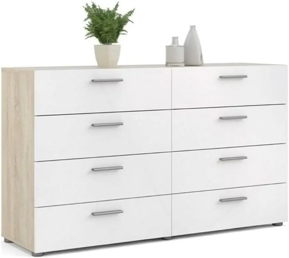 

Engineered Wood 8 Drawer Double Dresser in Black / Oak / White High Gloss, Large Wood Dresser, Bedroom, Living Room Furniture