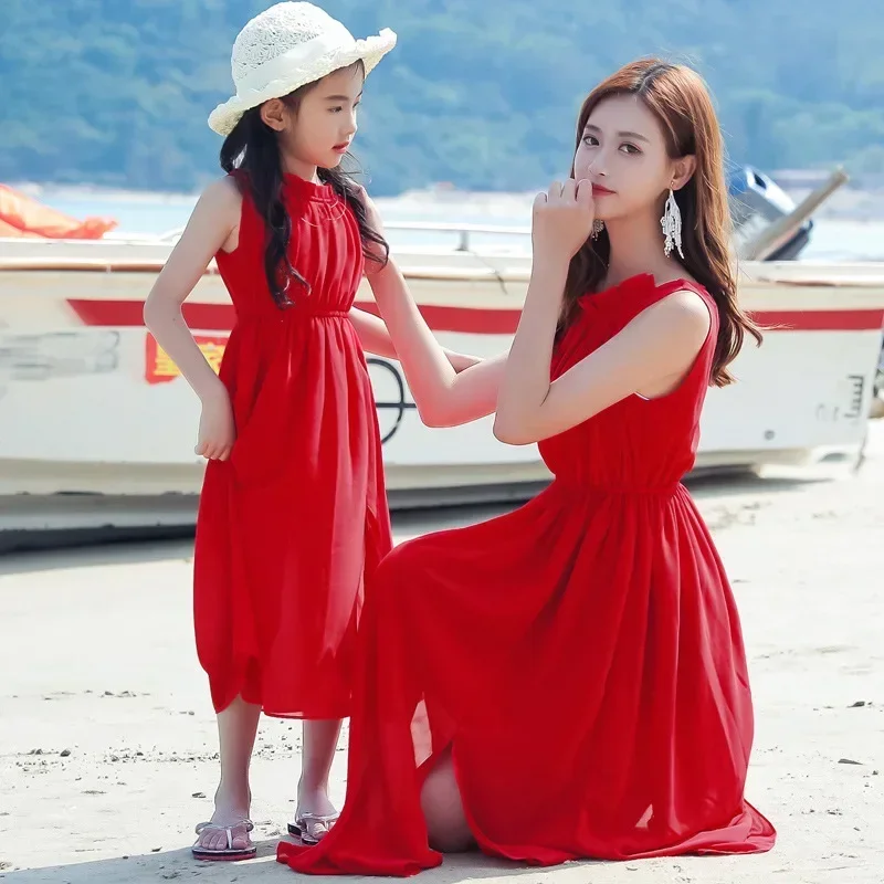 Mom and Girl Baby Vacation Look Dress Mother Daughter Matching Resort Red Sleeveless Dresses Holiday Beach Mammy and Me Clothing