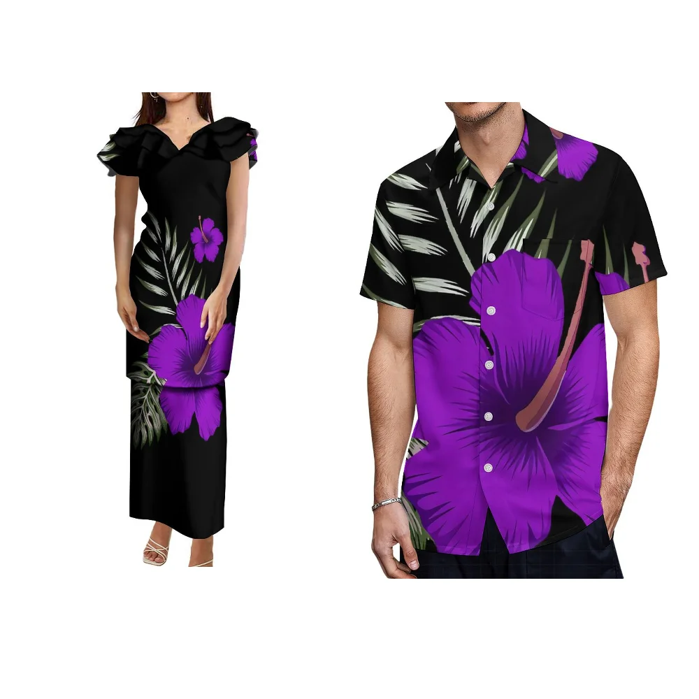 Tribal Peoples Polynesian Traditional Print Custom Women'S Dress Men'S Shirt Couple Set Puletasi Skirt Pocket Shirt