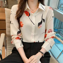 2023 Autumn New Joker Fashion Printed Silk Slim Long Sleeve Lapel Blouse Rarf Women Blouses Summer Short Top Fugees Shirt Tops &