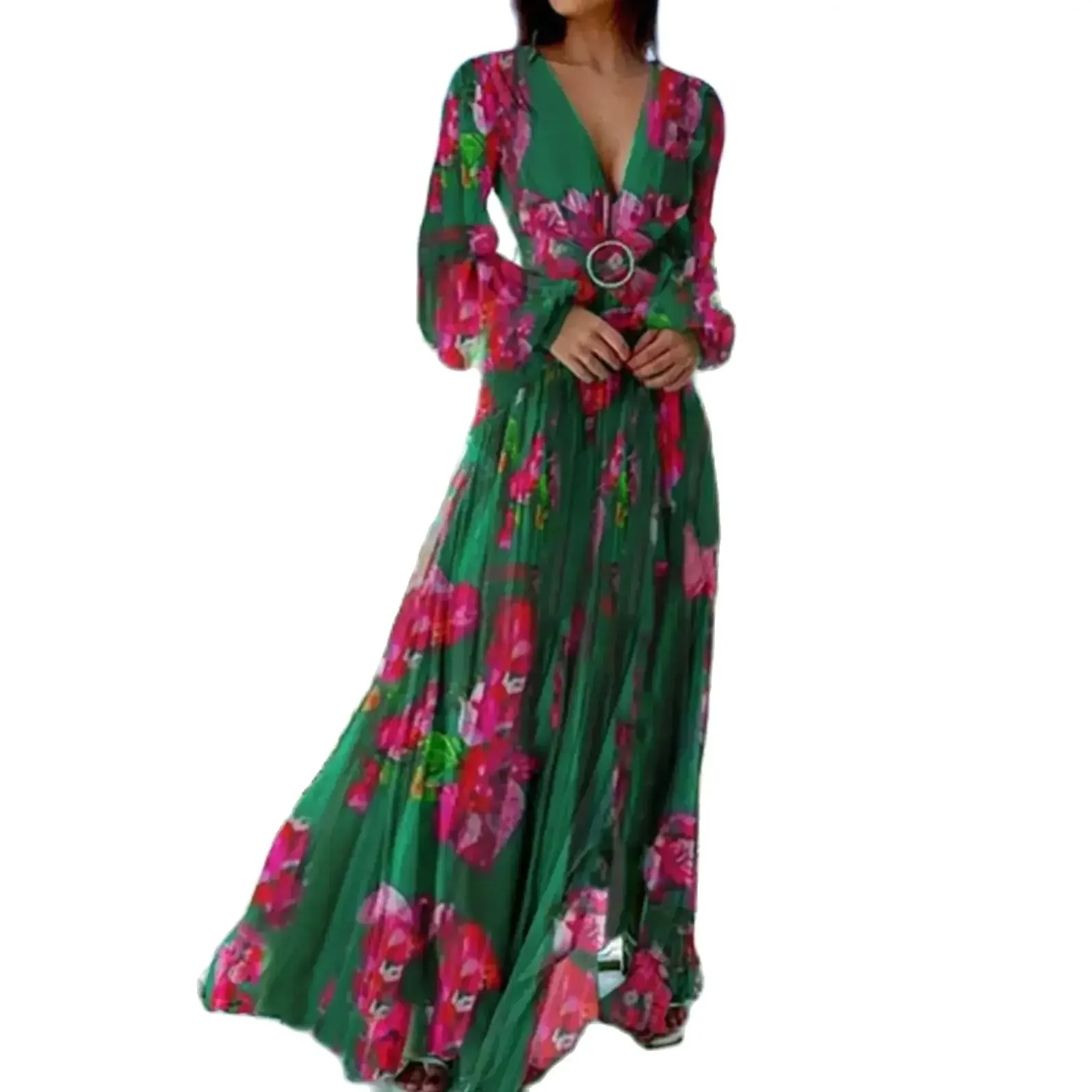 Etniczna sukienka retro z kwiatowym nadrukiem Seksowna sukienka damska z głębokim dekoltem w szpic Wiosna Lato Sukienka Boho Maxi z rękawem w kształcie lampionu