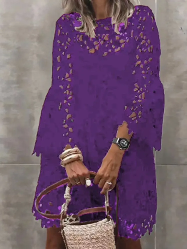 Fashion Lace Hook Flower Hollow Dress Lady Elegant Long Sleeve O-Neck Dresses For Women Casual Holiday Party Skirt Summer New