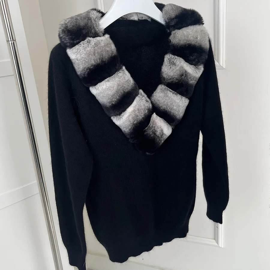 Cashmere Sweater Women Real Chinchilla Rex Rabbit Fur Collar Luxury Wool Sweater Suit Black Pants