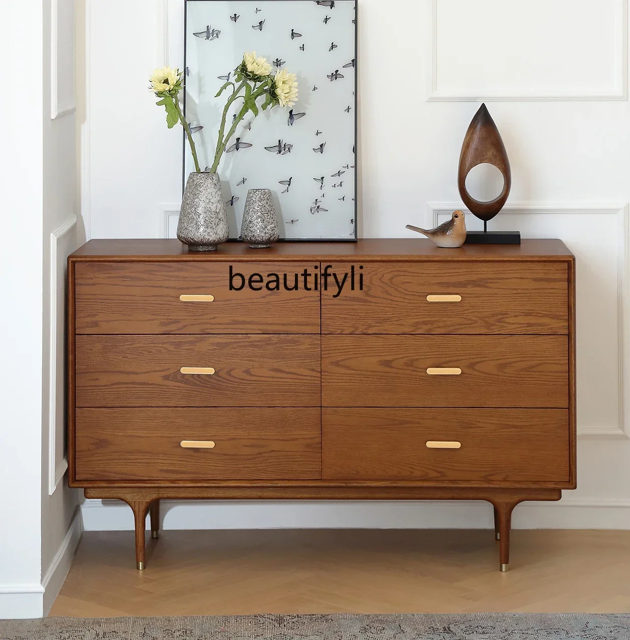 

07Solid Wood Retro Chest of Six Drawers Living Room Storage Sideboard Cabinet Nordic Bedroom Storage Cabinet