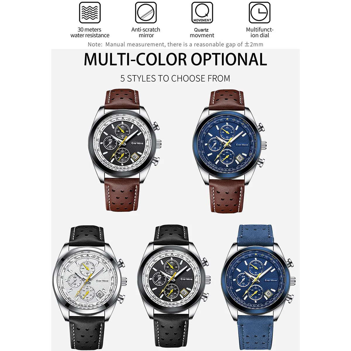 Ever Move Watches for Men Brand Quartz Leather Fashion Men\'s Watch Waterproof Luminous Date Gifts Sports Chronograph Wristwatch