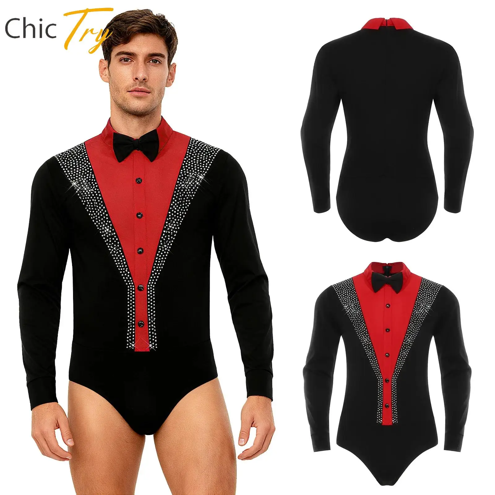 

Mens Ballet Latin Dance Bodysuit with Bowtie Long Sleeve Rhinestone Leotard Jumpsuit Figure Skating Dance Performance Costume