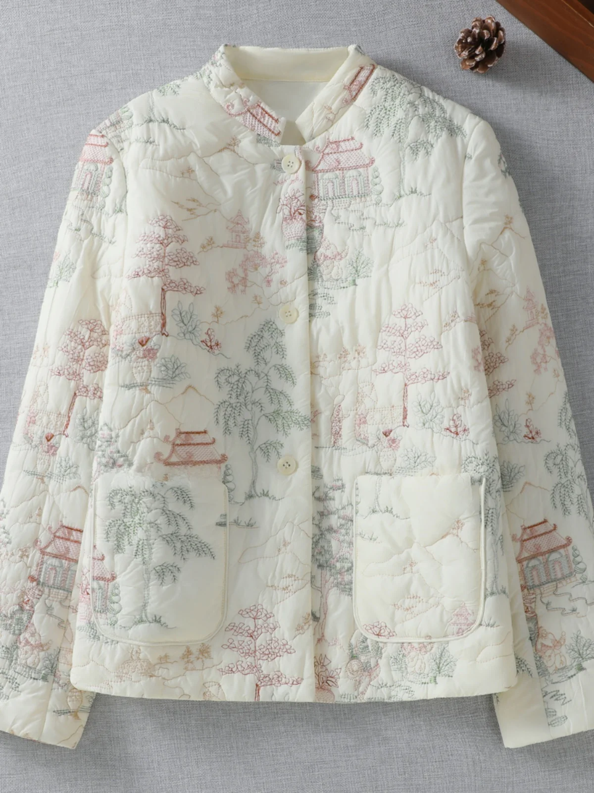 

Легкий тонкий хлопковый пиджак женский с вышивкой в стиле тяжелой индустрии, новый китайский стиль, зимняя верхняя одежда, удлиненный