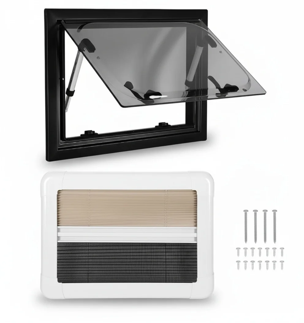 RV Push-out Window, UV Resistant Double Caravan Top Hinge Window, with Blind and Fly Screen, Acrylic Trailer Window for Camper
