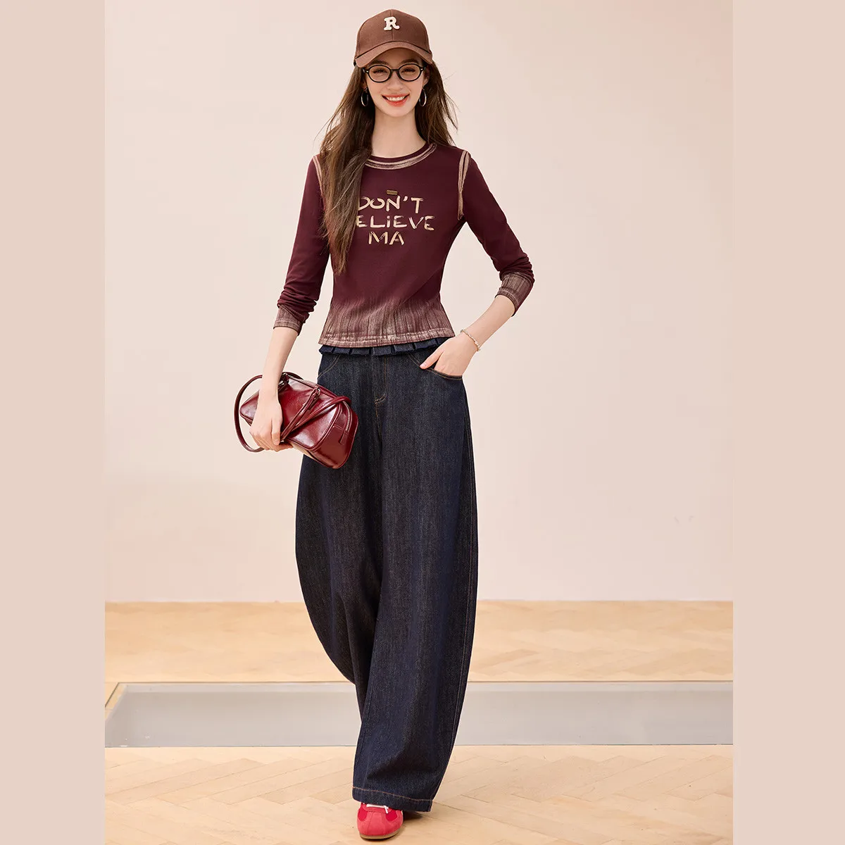 LOUIS YAO Women's T-Shirt 2025 Autumn Micro-Stretch Casual Tops for Women Fashionable Printed Gradient Long-Sleeve T-Shirt