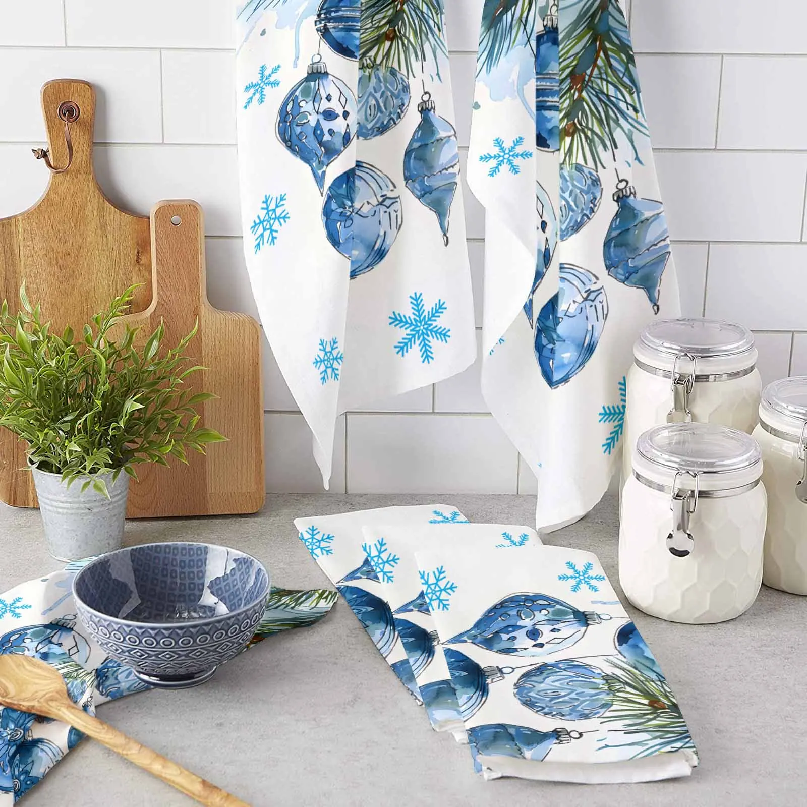 Christmas Pine Branch Blue Lantern Printed Tea Hand Towel Kitchen Dishcloth Water Absorption Household Cleaning Cloth