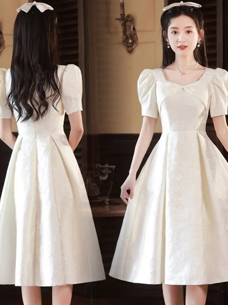 White Satin Wedding Party Dress French Simple Beaded Sweetheart Collar Gradation Dresses Tea Length A-Line Princess Gown