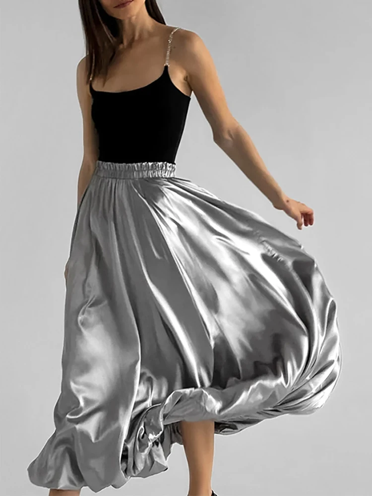 Mumaroho Autumn Winter 2024 Women Laser Skirts Solid Sliver High Waist Flare Long Midi A-Line Skirt For Women