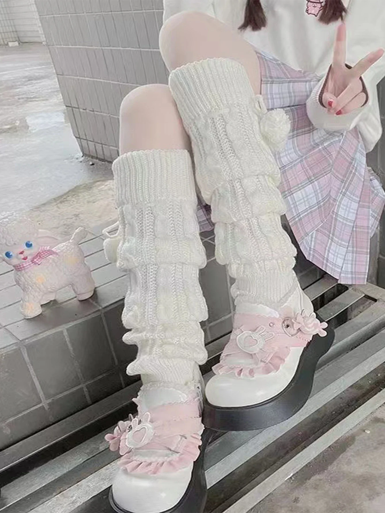 1 pair of Japanese style Harajuku all-match heap mid-calf socks set white knitted y2k campus jk strap long leg set for women