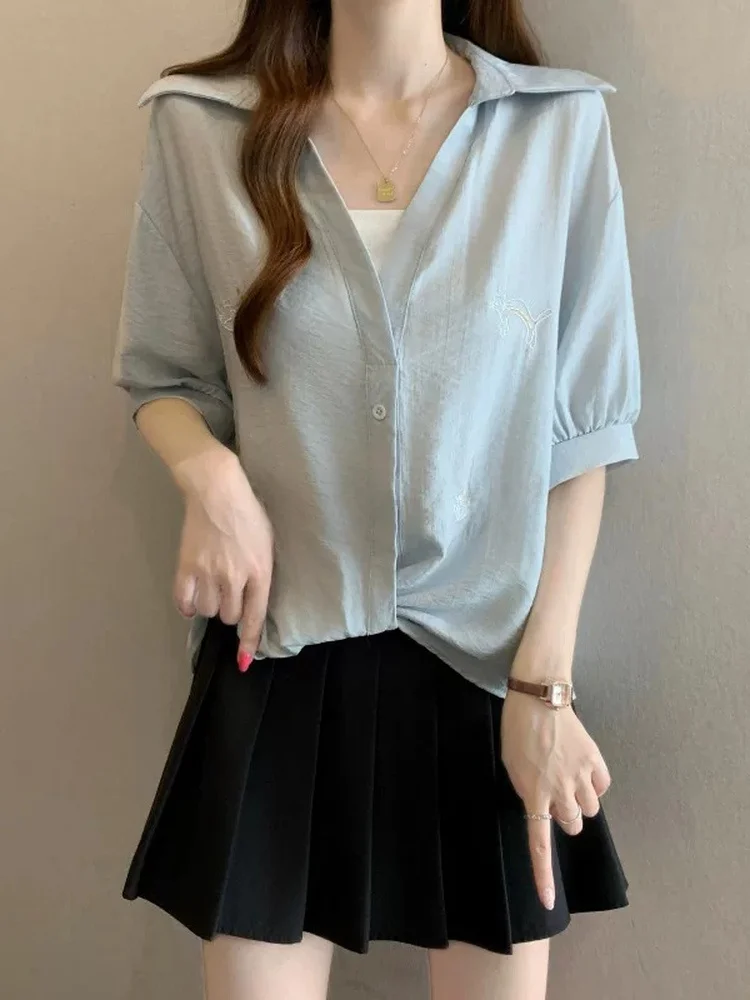

Light Blue V-Neck Short Sleeve Shirt Women's plus Size Summer New Style Irregular Top Korean Style Loose Fit Commute Wind