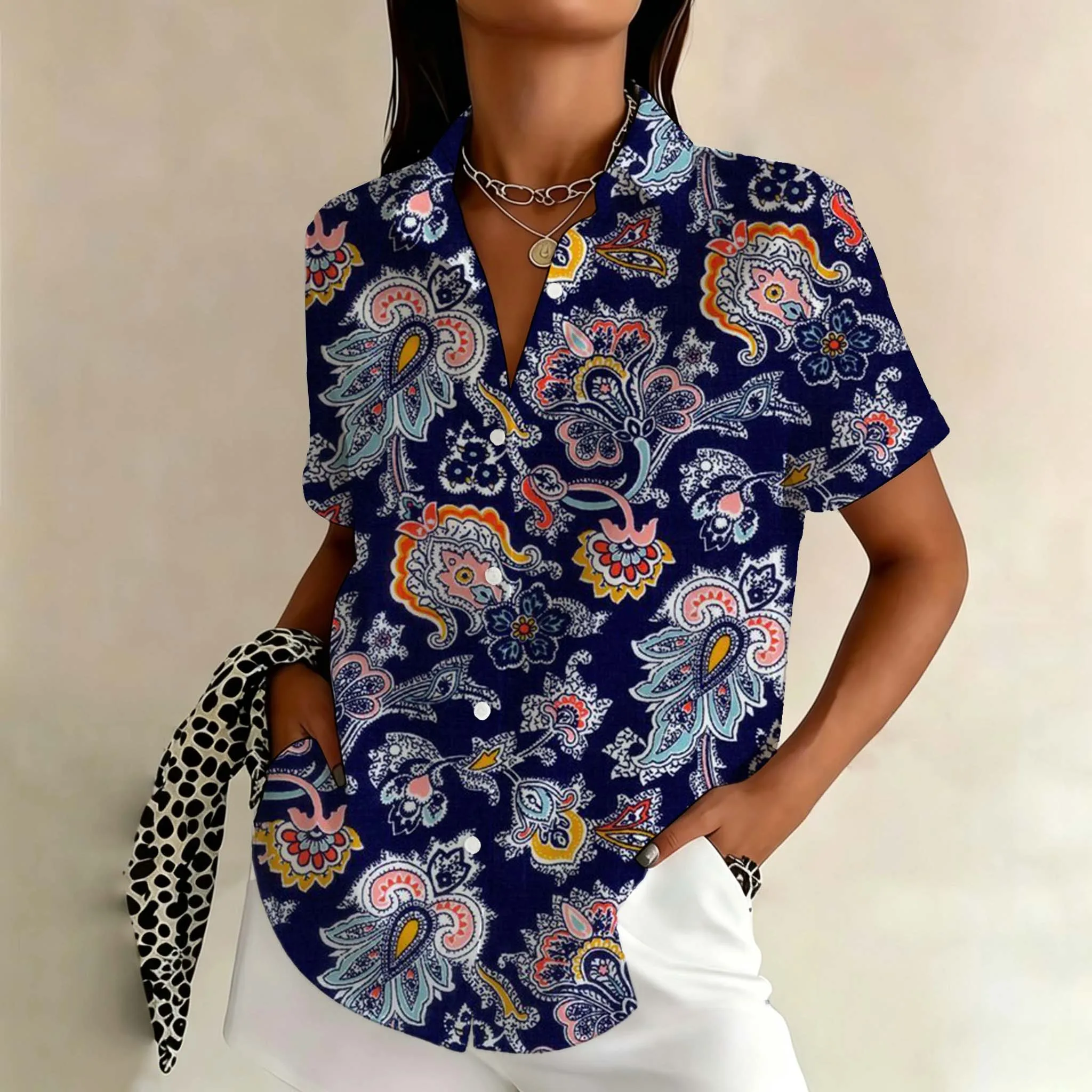 Vintage Ethnic Floral Women's Shirt Short Sleeve Button Down Elegant Graphic Blouse Summer Casual Tops Fashion Clothing
