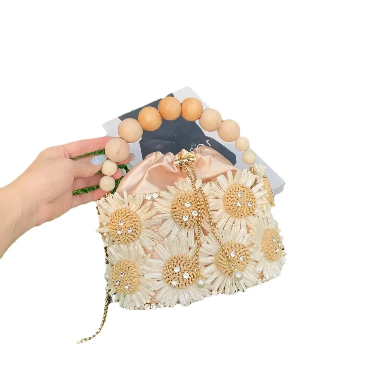 

Sun Flower Birdcage Handmade Knitted Evening Bag Sparkling Rhinestone Beaded Chain Basket Bucket Handbag For Party Wedding Bags