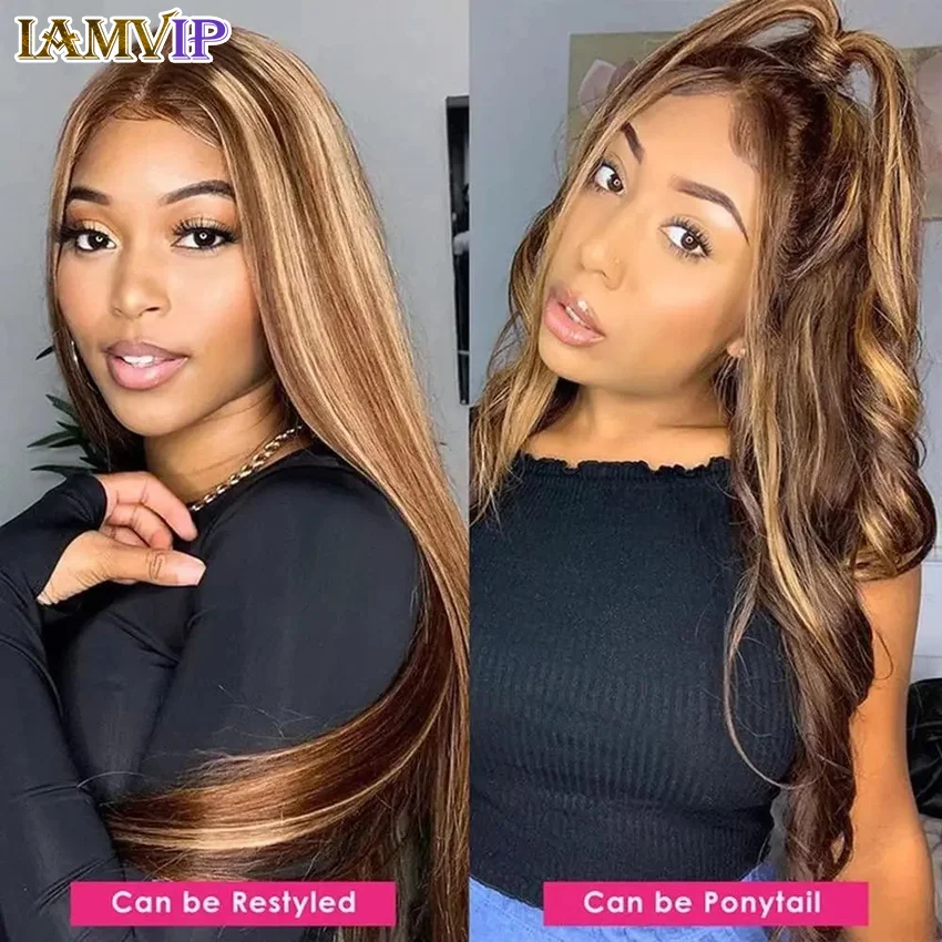 Peluca frontal de encaje HD para mujer, cabello humano Remy ondulado, P4/27, Piano ombré, Rubio, marrón, resaltado, sin pegamento, 13x4, 13x6