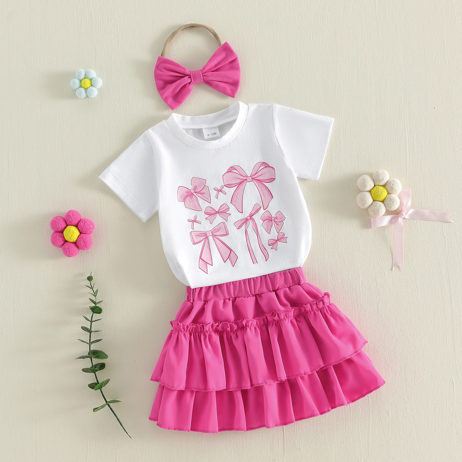 Sweet Baby Girl Summer Outfits Bow Print Short Sleeve T-Shirt Riffled Skirt Bow Headband 3 Pcs Set