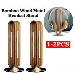 1-2PCS Bamboo Wood Headset Stand Aluminum Base Gaming Earphone Display Rack Holder Retro Desk Headphone Hanger Storage Bracket