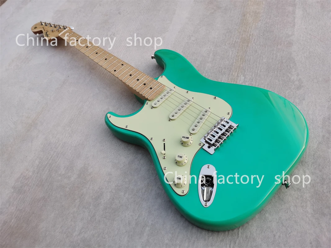 Left hand electric Guitar Surf Green Maple Neck 22-leaf fixed bridge SSS pickup with Mint green panel support for customization