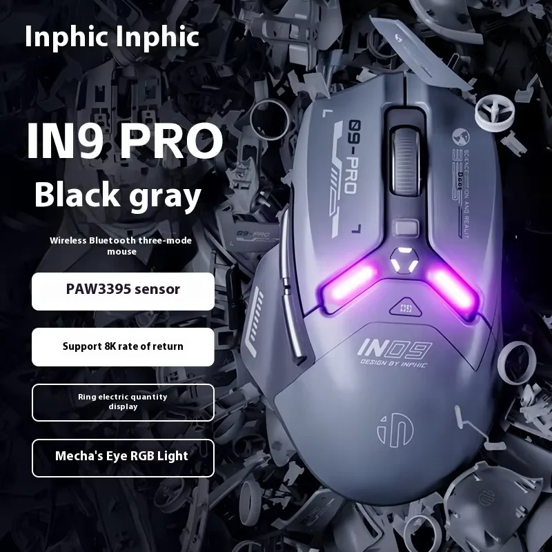 

Inphic IN9pro Mouse Three-Mode Wireless Bluetooth 26000dpi Lightweight Gaming Mouse Paw3395 Sensor 26000dpi Rate 500mah Mouse