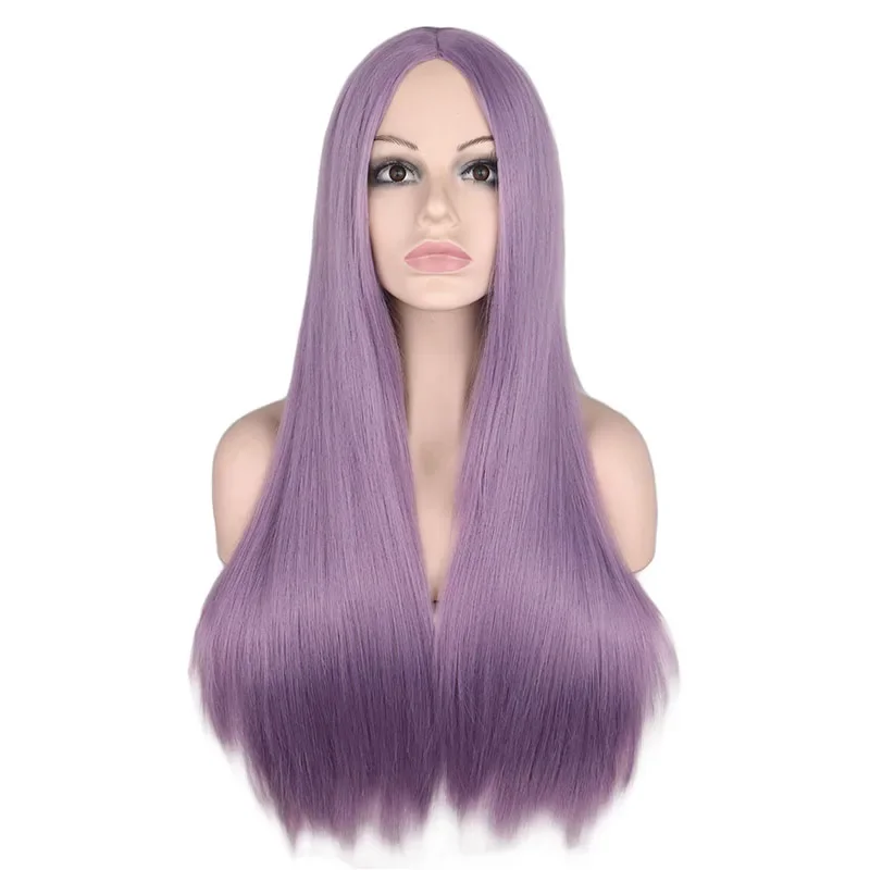 QQXCAIW Long Straight Middle Part Wig Black White Pink Orange Purple Gray Heat Resistant Synthetic Hair Wigs For Women