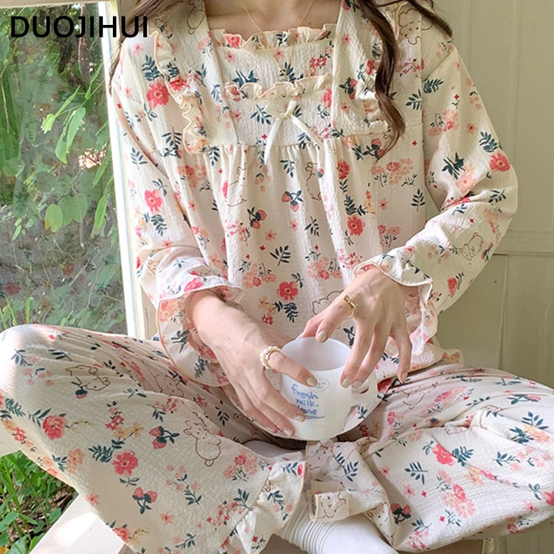 DUOJIHUI-Pijama con estampado Floral para mujer, conjunto de 2 piezas con volantes, lazo elegante, holgado, 8 colores, otoño