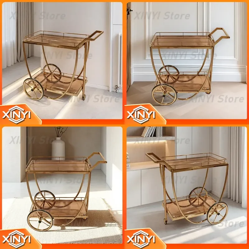 Stainless Steel Light Luxury Dining Cart for Wine Tea Cake Dessert Service in Hotels Restaurants for Commercial Use