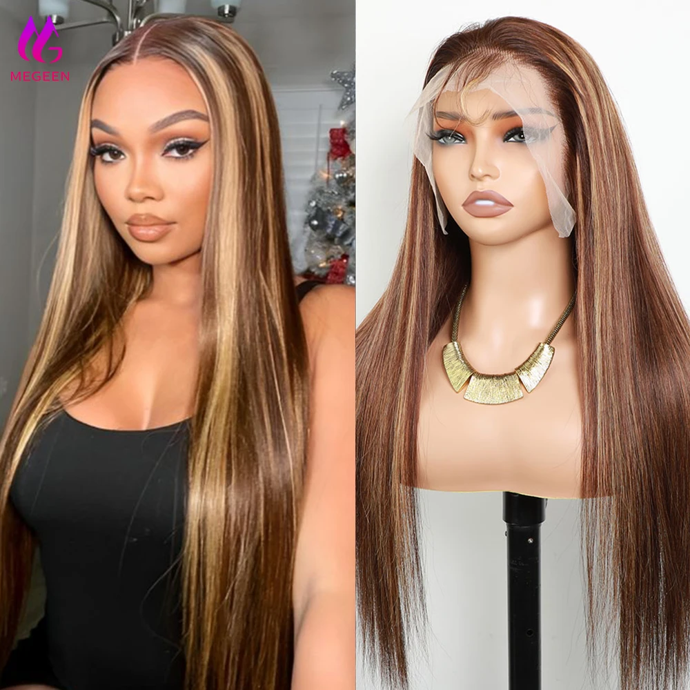 شعر مستعار بدانتيل أمامي مستقيم شفاف من Megeen ، شعر مستعار أومبير ، شعر بشري ، شعر مستعار ملون منتوف مسبقًا ، P4 ، 27 ، 13x4 ، 26 في