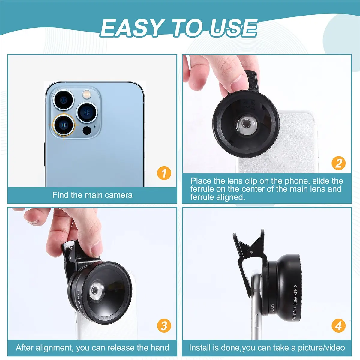 SCLS Fish Eye Phone Lens, 0.45X Phone with HD Camera Lens Macro Clip Lens Wide Angle Lens Lens for Mobile Phone Camera