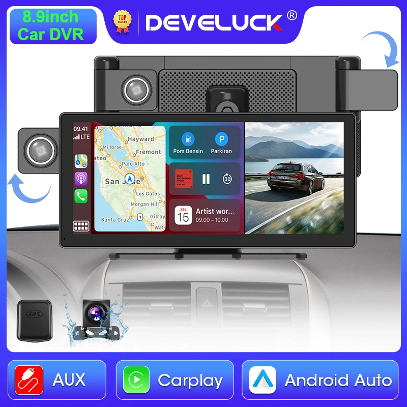 

8.9" Dash Cam Rotatable Rearview Camera Wireless Carplay & Android Auto Dual Lens Car DVR Video Recorder Monitor GPS Navigation