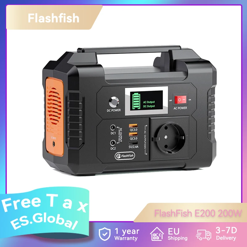 FlashFish E200 200W Portable Power Station, 151Wh 40800mAh Lithium Battery, 1x Pure Sine Wave AC220V Output for RV Camping