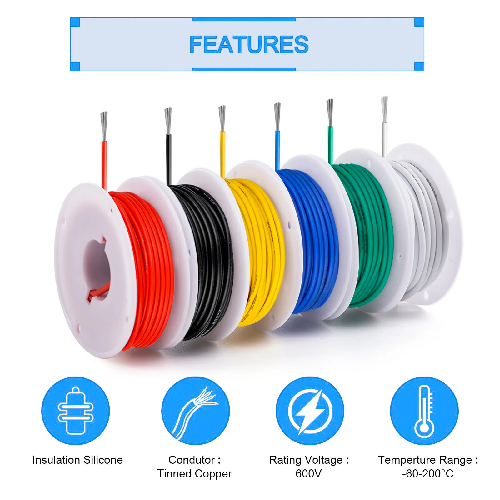 Cable eléctrico de 16/18/20/22/24/26/28 AWG, Kit de cables de conexión de silicona flexibles de cobre estañado trenzado de 6 colores para bricolaje eléctrico/coche