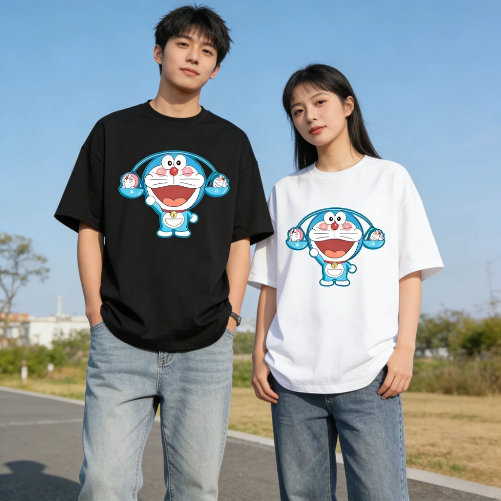 

2026 Summer Doraemons Cartoon Printed Short Sleeve Pure Cotton T-shirt Classic Casual Family Matching Outfits Tops Couple Tees