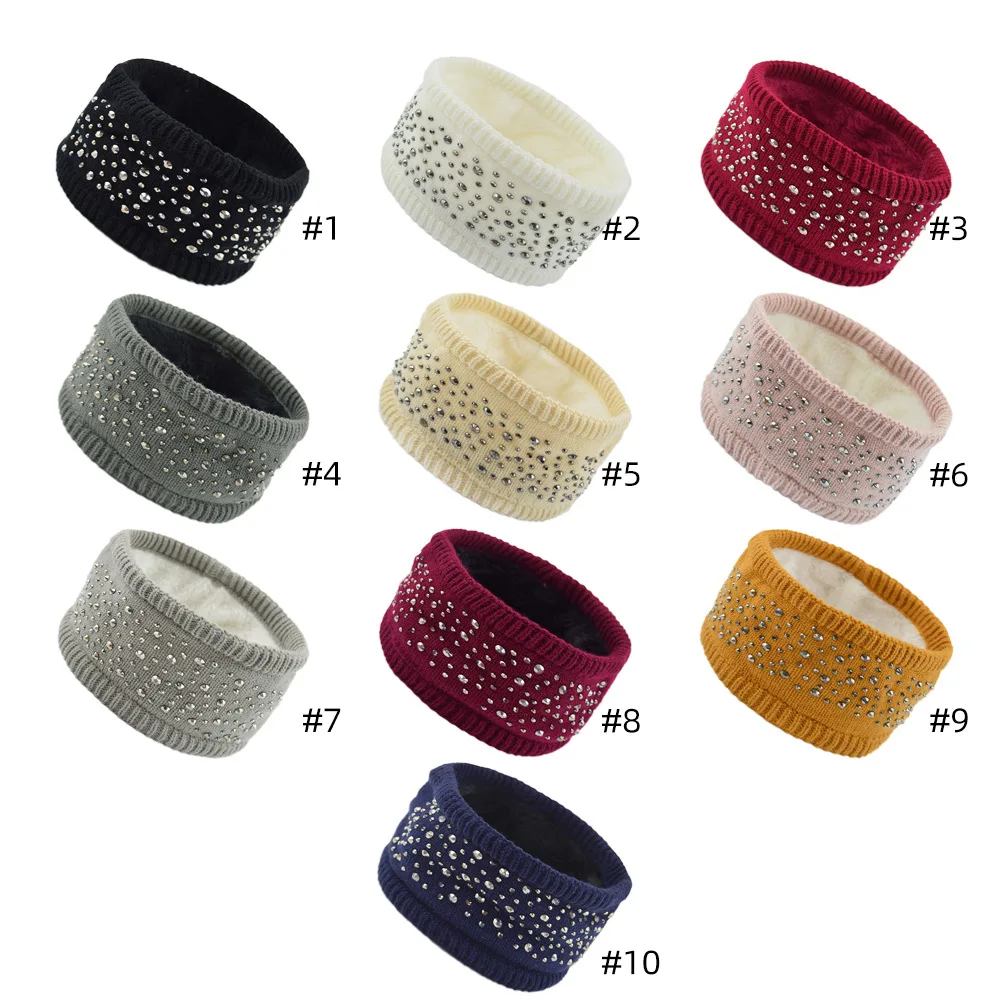 Silver Diamond Plush Hair Band Warm Wool Lining Knitting Headband Women Autumn Winter Ear Warmer Head Cover Hair Accessories