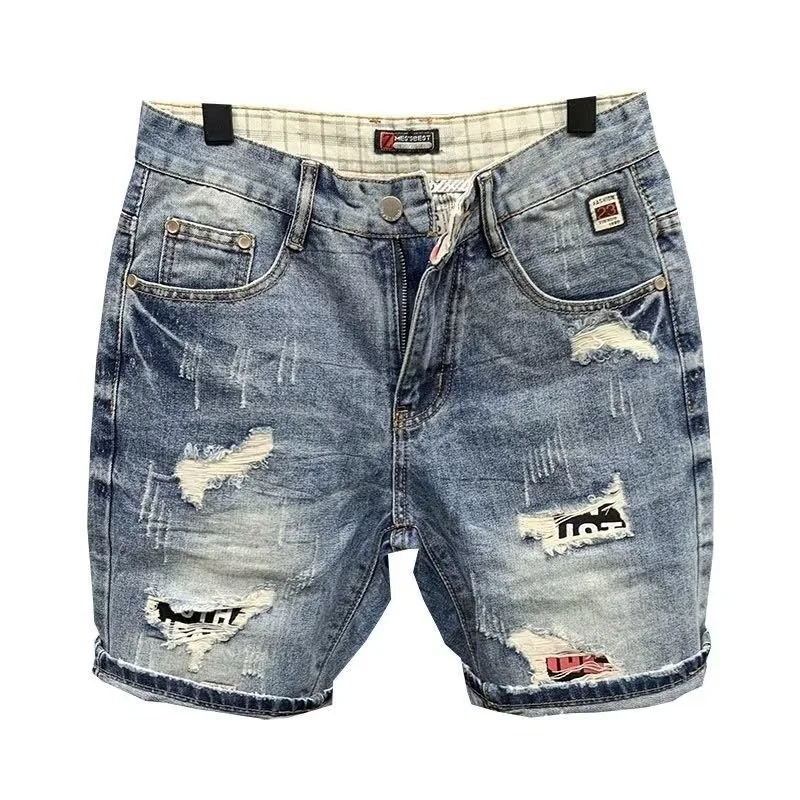 Men's Loose Fitting Straight Hole Denim Shorts Fashion Brand Summer Cut Torn Jeans Shorts