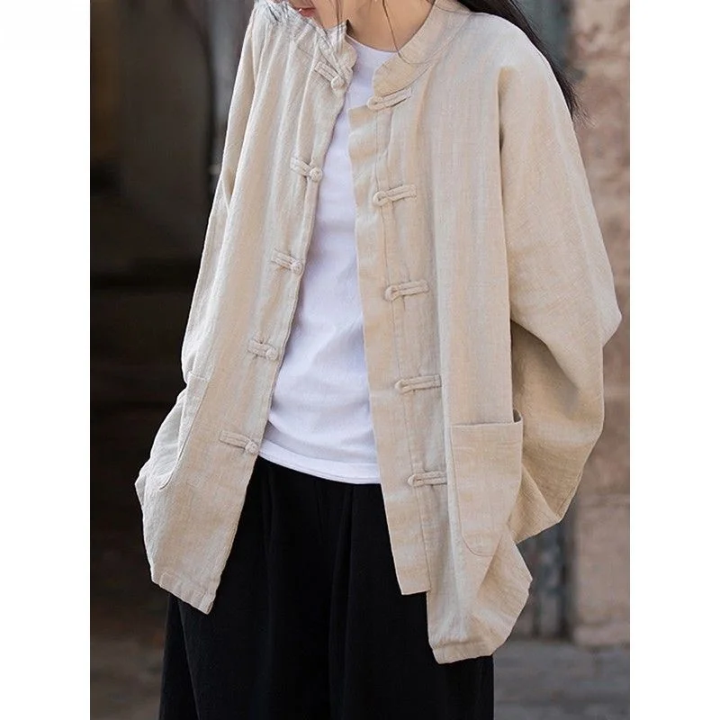 

Женская хлопково-льняная одежда в стиле ретро, весенне-осенняя свободная одежда Zen Iuence, новая китайская верхняя одежда с длинным воротником-стойкой Sve