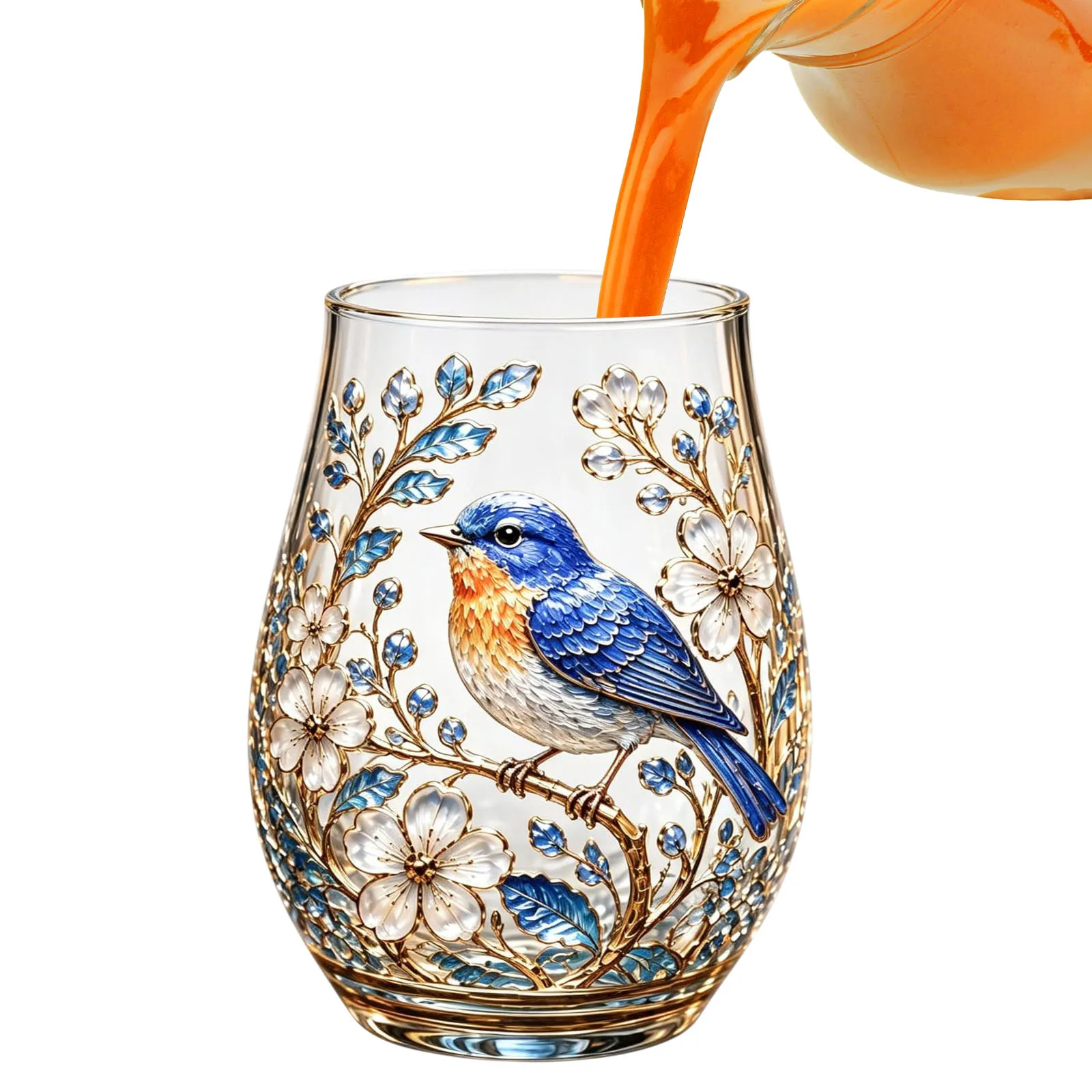Bird Floral Glass Drinking Tumbler Gold Outline Lead-Free Rhinestone Embossed Vintage Decorative